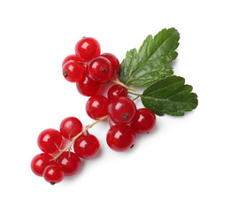 Fresh ripe red currant berries with green leaves isolated on white, top view