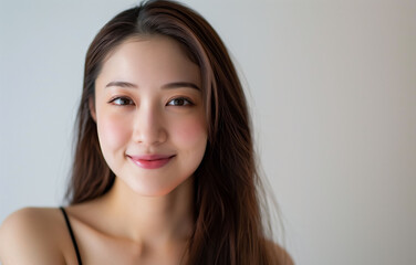 Beautiful Young Asian Woman with Clean, Healthy Skin on a White Background