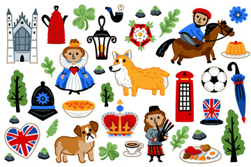 London set, United Kingdom Cartoon Icons Design Travel Concept. Red bus, castle, umbrella, crown. Travel landmarks vector illustrations.