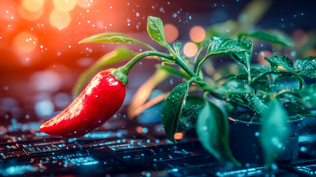 Hot red Chilis on techno background