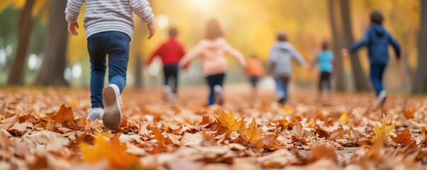 A joyful scene of children running through colorful autumn leaves in a beautiful outdoor setting.