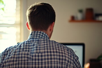 Fototapeta premium Image composition with vintage filter effect of young businessman using laptop at office desk - rear view of hipster male at desk working on laptop