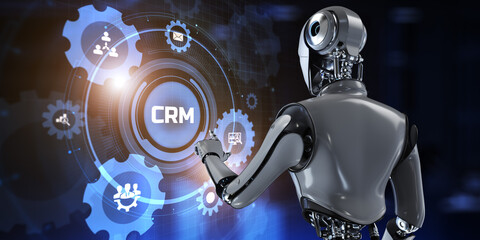 CRM customer relationship management automation RPA concept. Robot pressing button on screen 3d render.