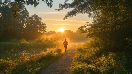 A person jogging on a trail in the early morning with the sun rising in the background