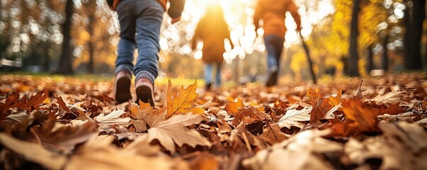 A serene autumn scene with individuals walking through colorful fallen leaves, illuminated by warm sunlight in a tranquil park.