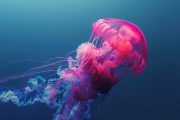 Fototapeta premium Vibrant pink Pacific sea nettle jellyfish on blue background.