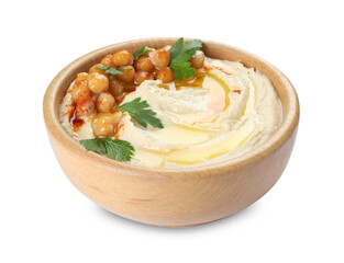 Delicious hummus with olive oil, chickpeas and parsley isolated on white