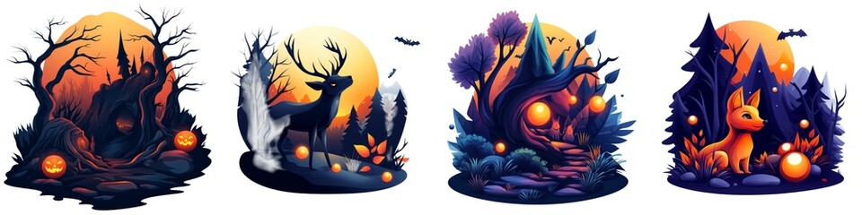 A whimsical illustration featuring enchanting forest scenes with deer, foxes, and autumn elements in vibrant colors.