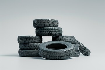 pile of used rubber tyres isolated on gray background high resolution   clean composition