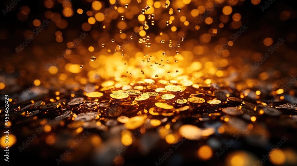 Poster an enchanting display of shimmering coins illuminated in a golden glow, evoking a sense of wealth an