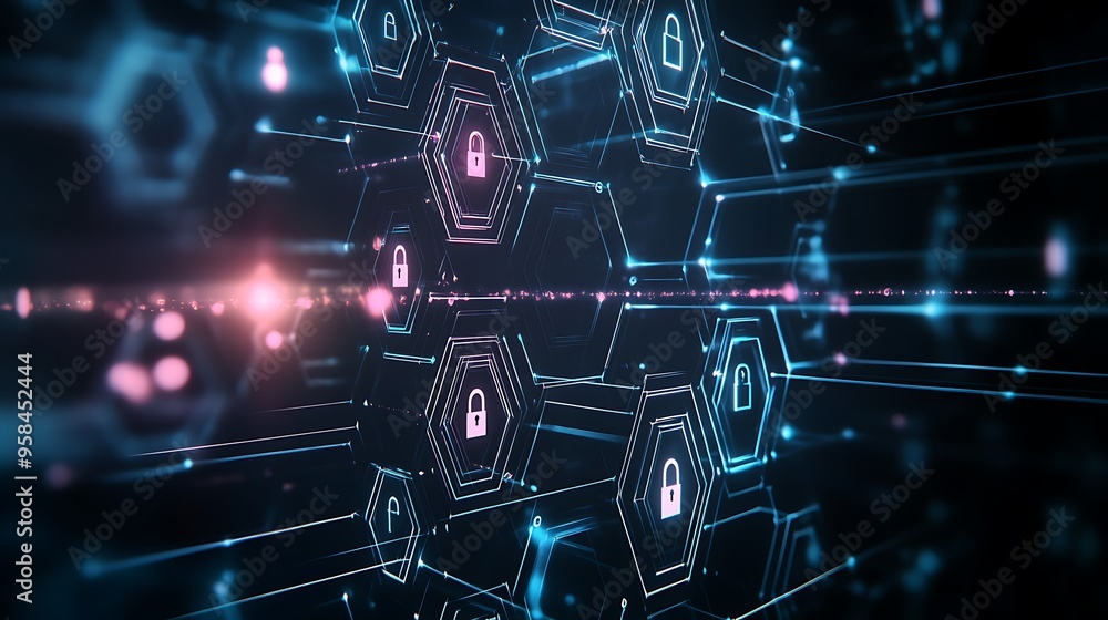 Poster understanding the importance of security in digital networks with hexagonal designs and lock icons