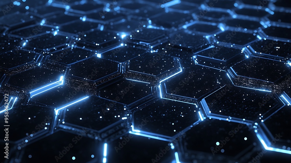 Poster understanding the importance of security in digital networks with hexagonal designs and lock icons