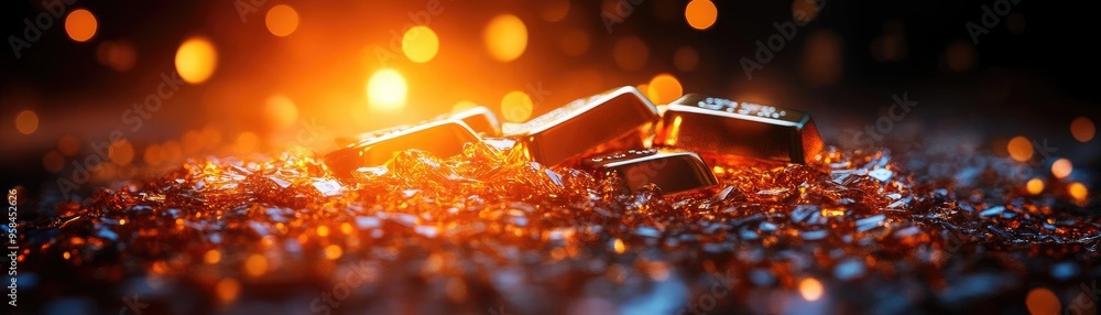 Poster golden bars gleam amidst sparkling gemstones, creating a luxurious and captivating scene that reflec