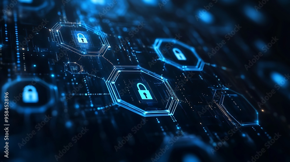 Poster understanding the importance of security in digital networks with hexagonal designs and lock icons