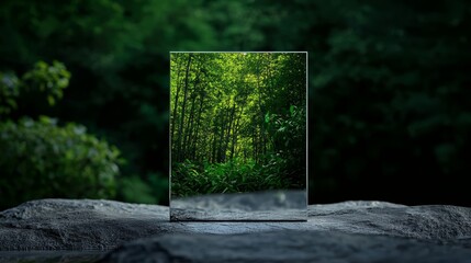 A stainless steel square mockup with a polished surface, reflecting an image of a lush green forest, symbolizing environmental preservation.