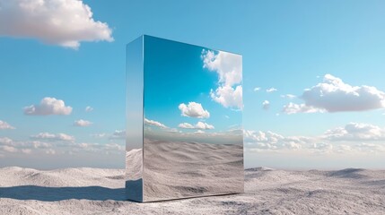 A stainless steel square mockup with a polished surface, reflecting an image of a lush green forest, symbolizing environmental preservation.