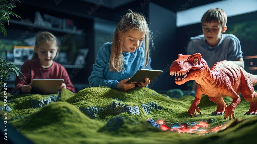 Poster digital tablet computers with augmented reality app - school children view 3d animation of dinosaur 