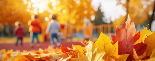 Children playing in a vibrant autumn park surrounded by colorful leaves, capturing the essence of fall joy and adventure.