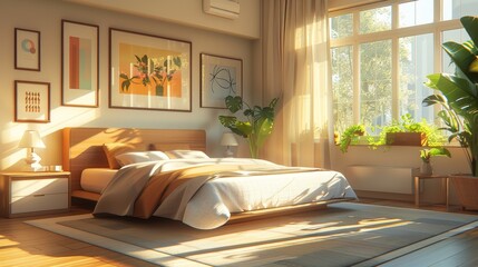 Sunlight streams through a window in a cozy bedroom, illuminating a bed with white linens, wooden furniture, and potted plants.