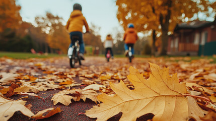 Children riding bicycles through a picturesque park filled with vibrant autumn leaves, capturing the essence of fall activities.