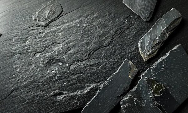 Close-up of a textured wet dark slate with water streams and cracked stone pieces.