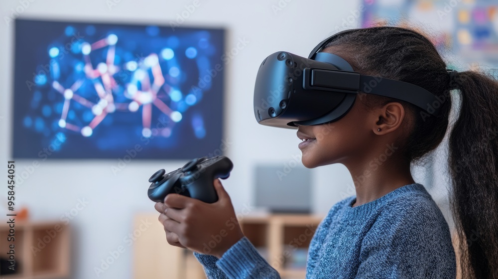 Poster an augmented reality headset-wearing girl interacts with a 3d molecule using controllers. vfx, speci