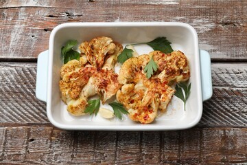 Tasty cauliflower steaks, parsley and garlic in baking dish on wooden table, top view