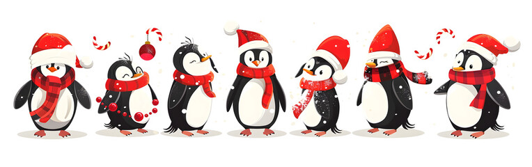 Fototapeta premium Four adorable penguins dressed in winter attire, ready for the festive season in the background
