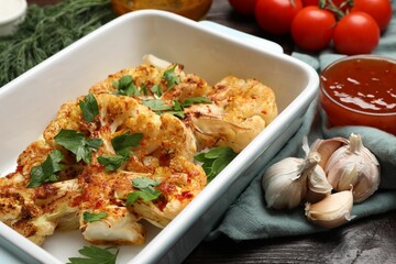 Tasty cauliflower steaks in baking dish and other products on wooden table, closeup