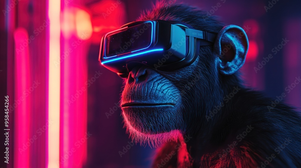 Sticker a curious monkey wearing a futuristic vr headset