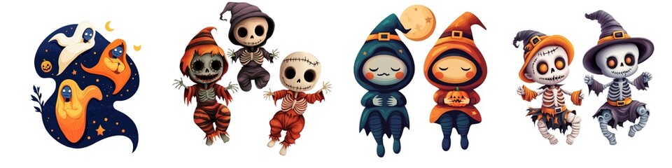 Colorful Halloween characters celebrating the spooky season with playful costumes and charming expressions.