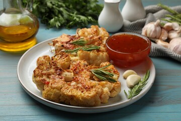 Delicious baked cauliflower steaks with sauce on blue wooden table