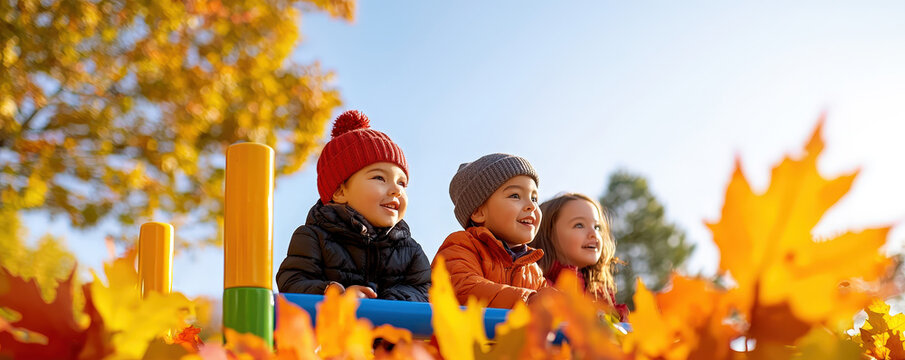 Three cheerful children enjoying a sunny autumn day surrounded by colorful leaves, capturing the essence of fall fun.