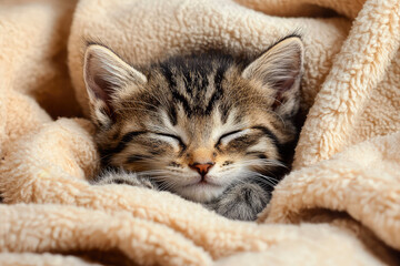 A Tabby Kitten, Snuggled Deep in a Fluffy Blanket, Slumbers Peacefully. The Soft Fur and Closed Eyes Exude Tranquility.