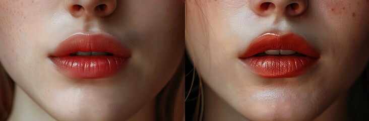 Fototapeta premium Close-up of Two Lips with Different Colors of Lipstick