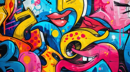 Vibrant abstract graffiti art with colorful swirls, letters and faces.