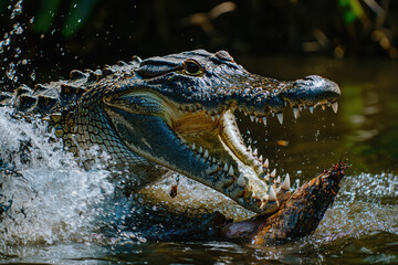 Fototapeta premium A Crocodile's Deadly Grip: Jaws Snapping Shut on Prey in a Splash of Water.