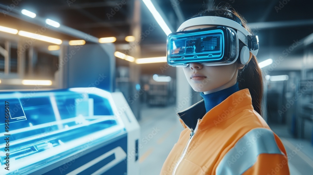 Poster an augmented reality headset wears female engineer creates a production line for 3d cnc machinery us