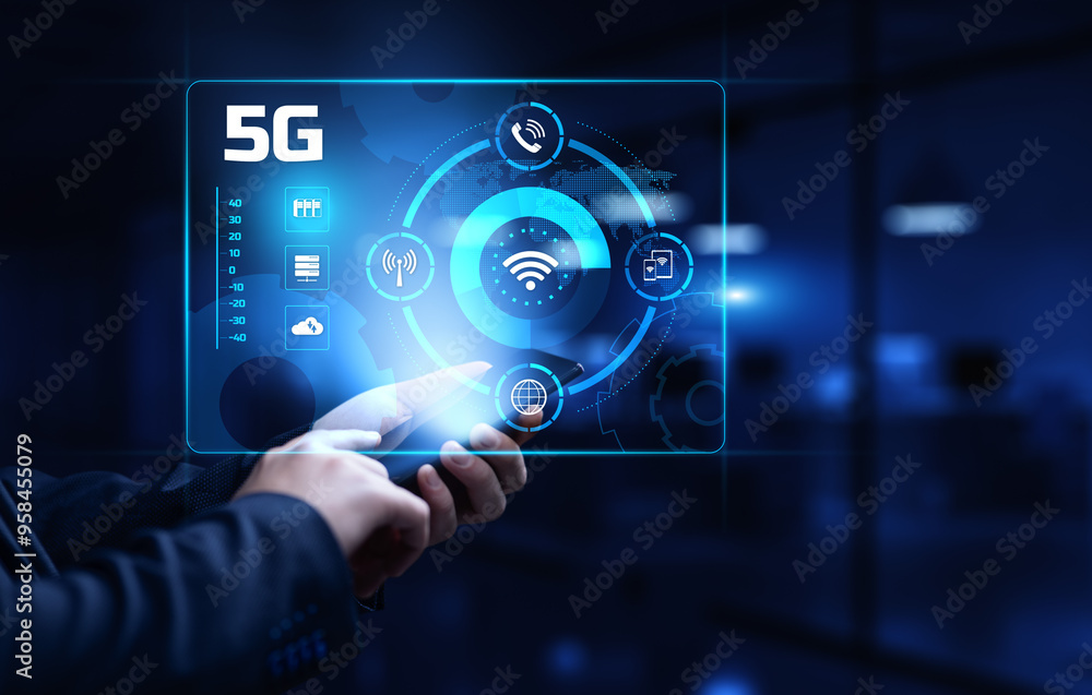 Poster 5g high-speed internet connection concept. businessman pressing button on screen.