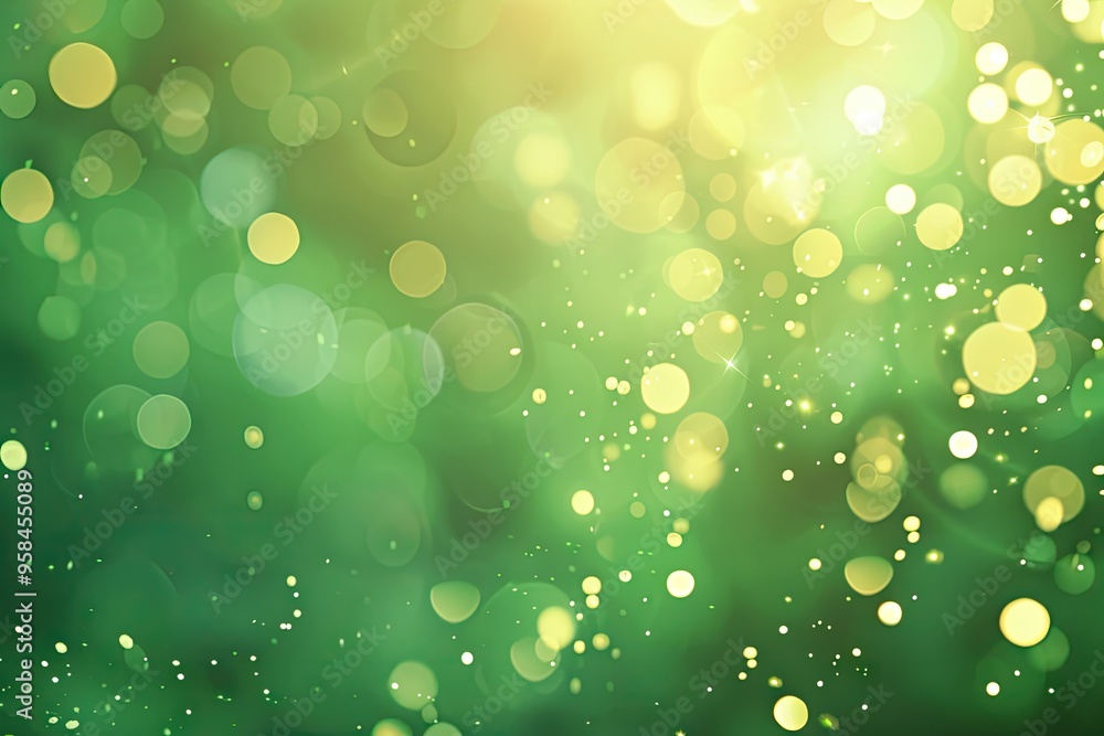 Poster Soft green bokeh lights on gradient background with copy space