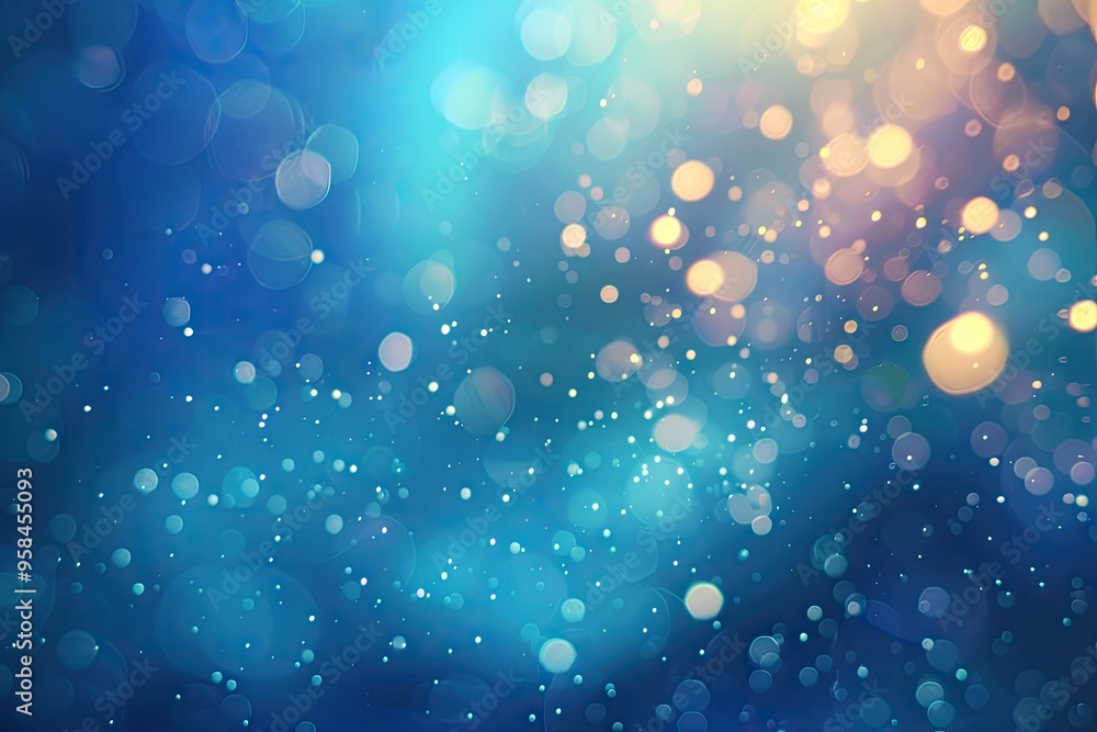Poster Soft blue bokeh lights on gradient background with copy space.