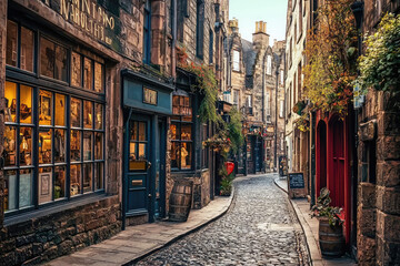Fototapeta premium A Glimpse of Edinburgh's Charm: A Cobblestone Alleyway Lined with Historic Buildings, Shops, and Lush Greenery.