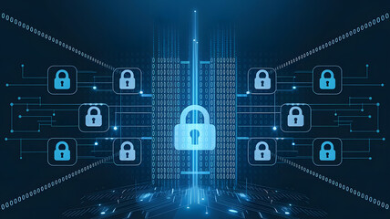 Data Security: A digital firewall with binary code and padlocks, symbolizing data security measures in business.