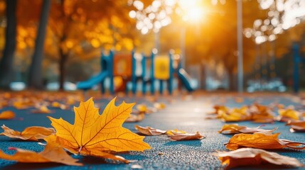 Vibrant autumn leaves scattered on a playground path, illuminated by warm sunlight creating a serene fall atmosphere.