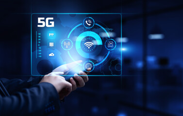 5G High-speed internet connection concept. Businessman pressing button on screen.