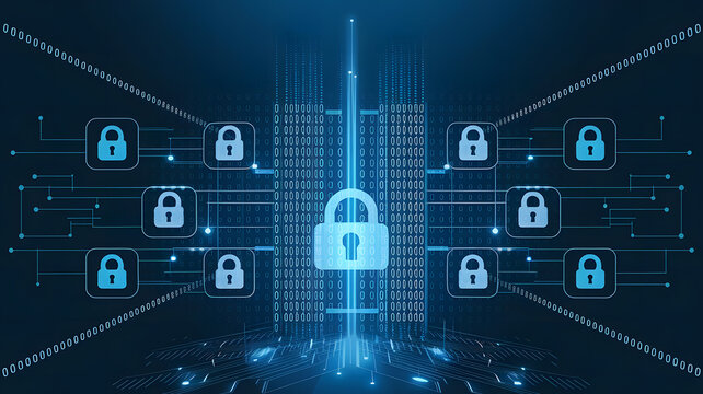 Data Security: A digital firewall with binary code and padlocks, symbolizing data security measures in business.