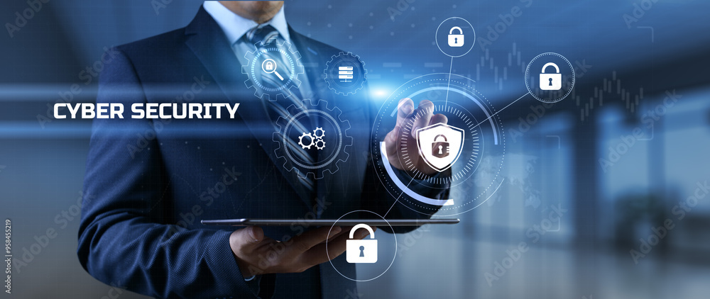 Poster cyber security access control data protection personal information privacy concept. businessman pres