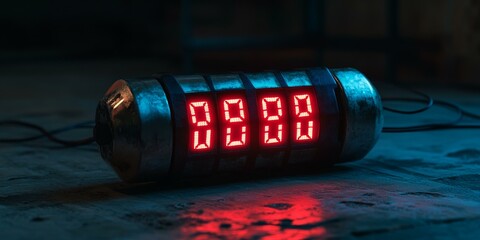 A metallic bomb with a red digital timer counting down.