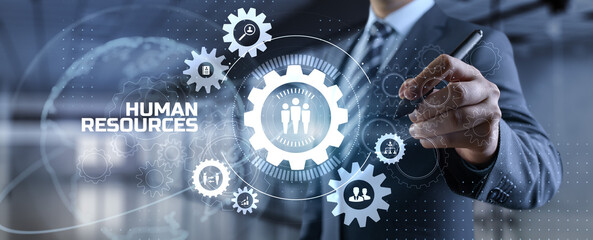 HR Human resources management Recruitment Headhunting. Businessman pressing button on screen.