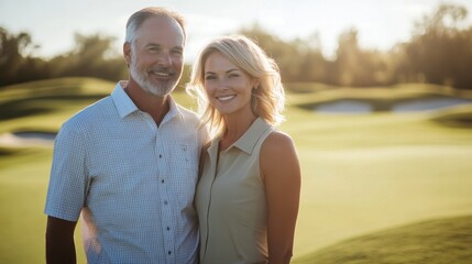Smiling couple enjoys a perfect day on the golf course under sunny skies, embodying love and leisure in a beautiful outdoor setting